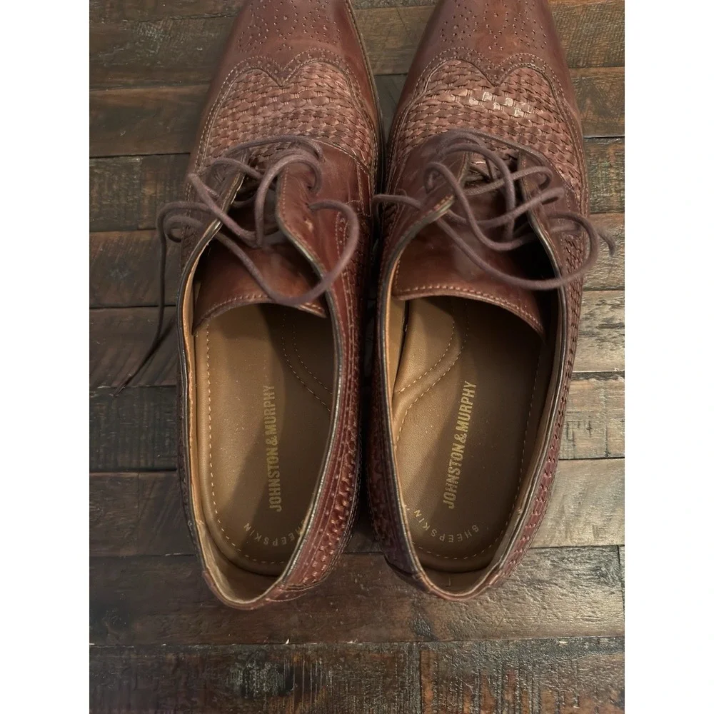 Johnston & Murphy Brown Leather Basket Weave Oxfords Men's 12M #15-0673‎